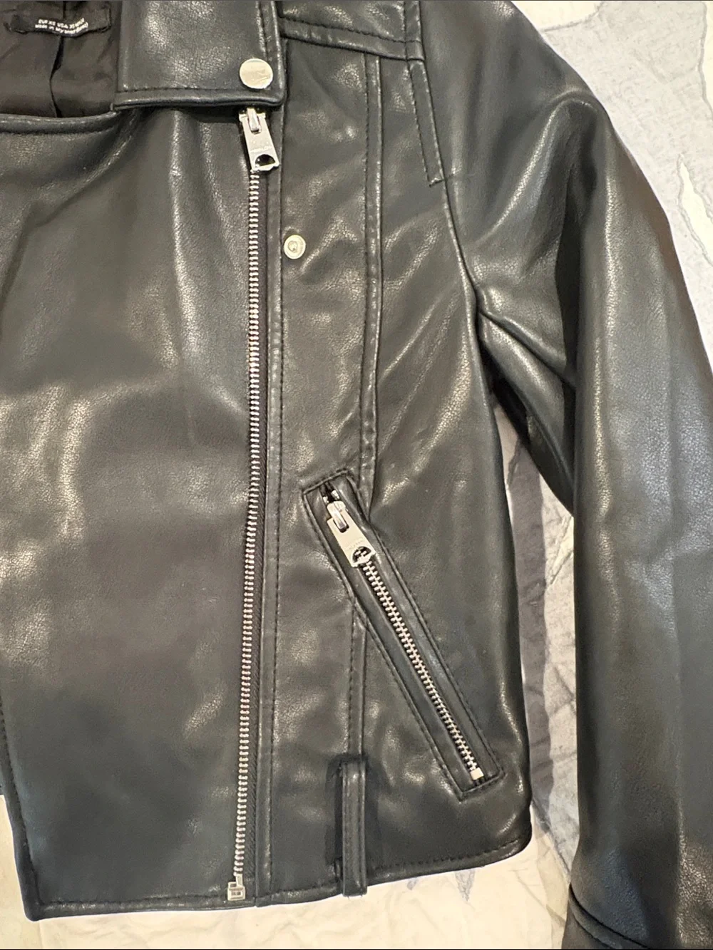 Pull&Bear Black Faux Leather Cropped Biker Jacket with Silver Hardware